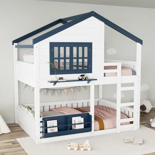 Miniatura 49 de Litera de casa individual sobre cama individual con tobogán convertible y nido, litera de madera maciza con techo y ventana para niños, verde-blanco