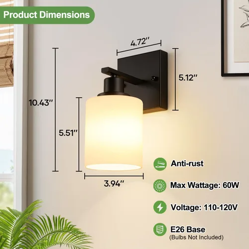 Miniatura 7 de MOKATNG Juego de 2 apliques de pared para baño, luces de tocador modernas negras con pantalla de vidrio blanco, lámpara de pared de baño