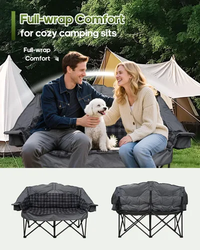 Miniatura 10 de Silla de campamento doble acolchada, sofá de campamento de gran tamaño para 2 personas con bolsa de transporte 2 en 1, silla de césped plegable Gris