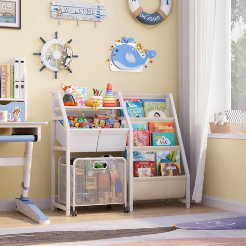 Miniatura 3 de Estantería para niños y organizador de almacenamiento de juguetes, estante de 3 niveles para habitaciones de niños con cajón móvil, estantería