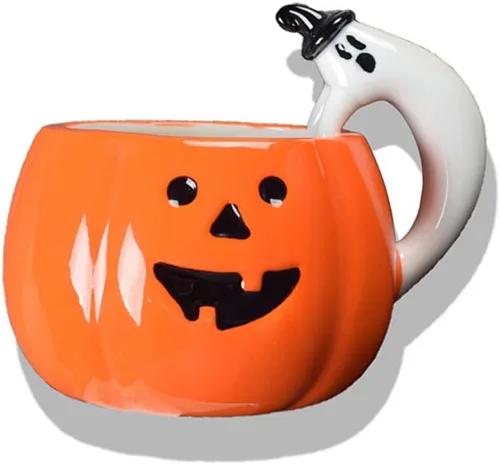 ZaH Taza de cerámica con diseño de calabaza de Halloween, para fiesta de Halloween, con mango de calabaza, fantasma, naranja, 10 onzas (11.8 fl oz)