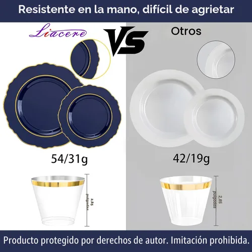 Miniatura 7 de Liacere 350 platos de plástico azul marino, platos desechables de color azul dorado, vajilla de plástico para 50 invitados, incluye 100 platos, 50