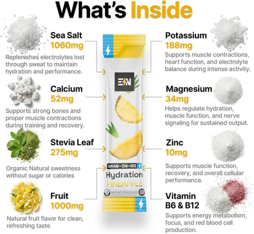 Miniatura 4 de Engineered Nutrition Paquetes de electrolitos en polvo sin azúcar, sabor piña, paquetes de hidratación keto con magnesio, potasio y sodio, cero