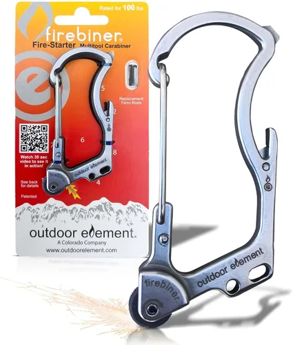 Miniatura 11 de OUTDOOR ELEMENT Firebiner 6-en-1 - Mosquetón Iniciador de Fuego EDC Multiherramienta de Emergencia - Llavero, Cuchilla Utilitaria, Abrebotellas y Más