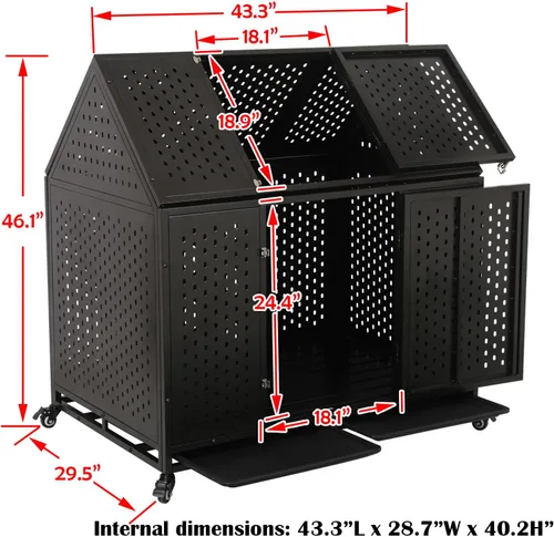 Miniatura 7 de Jaula para perros indestructible de 44 pulgadas con ruedas, jaula de acero a prueba de escapes para interiores, doble puerta, alta ansiedad