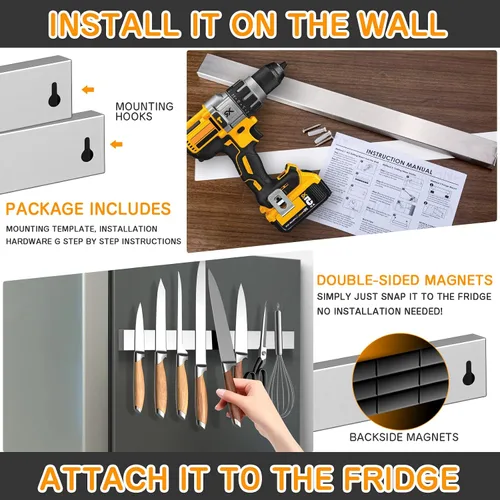 Miniatura 7 de Ninonly Portacuchillos magnético de 20 pulgadas para refrigerador, tira magnética de acero inoxidable de doble cara para pared, sin perforaciones