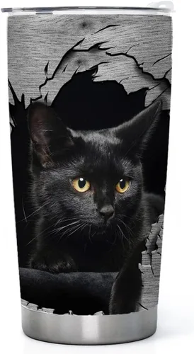 DJY Vaso aislado de acero inoxidable con tapa con diseño de gato negro 3D para café, viaje, regalo para mamá, mujer, hija, botella de agua para el