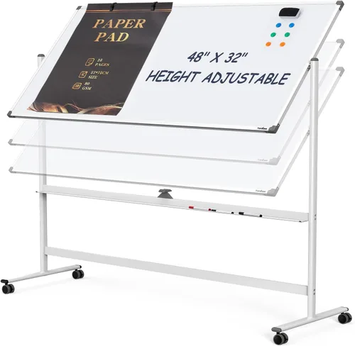 Miniatura 22 de TANKEE - Caballete de pizarra blanca de borrado en seco sobre ruedas, 48 x 32 pulgadas, pizarra blanca móvil grande de doble cara, pizarra blanca