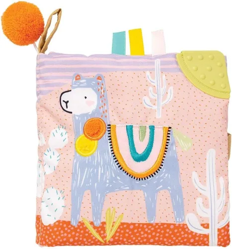 Manhattan Toy Libro de actividades suave con temática de llama para bebés con chirriador, papel arrugado y espejo seguro para bebés, pequeño