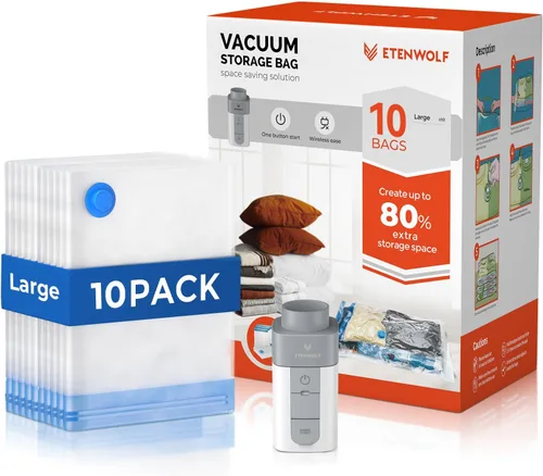 ETENWOLF 10 Pack Large Vacuum Storage Bags with Rechargeable Wireless Pump, Vacuum Seal Bags for Clothes and Travel, Space Saver Compression Bags