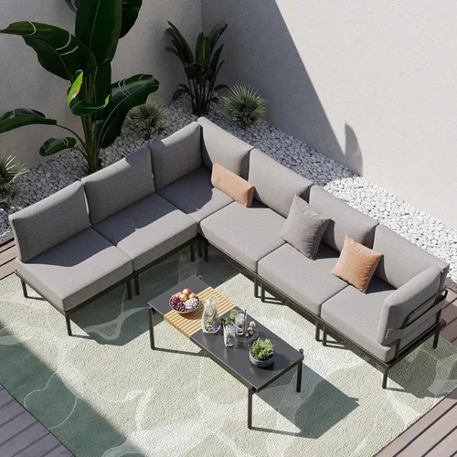 Miniatura 11 de Sundale Outdoor Juego de 2 muebles de metal para patio, sofá seccional para exteriores con cojín de olefina de 6 pulgadas, modernos