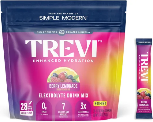 TREVI™ Everyday - Electrolitos sin azúcar, paquetes de polvo de hidratación de mezcla de bebidas esenciales, 28 unidades, limonada de bayas