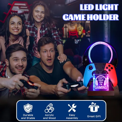 Miniatura 5 de YuanDian Gamer Gifts for Teenage Boy, Can't Hear You I'm Gaming Headset and Controller Stand, Acrylic Wooden Controller Holder with Blue Pink LED