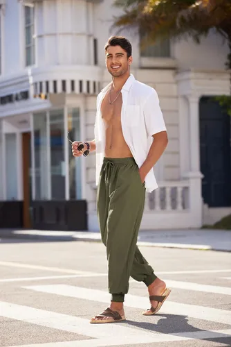 Miniatura 4 de COOFANDY Pantalones de harén hippie para hombre, holgados, de lino, algodón, pantalones de yoga, pantalones de playa de verano, pantalones casuales