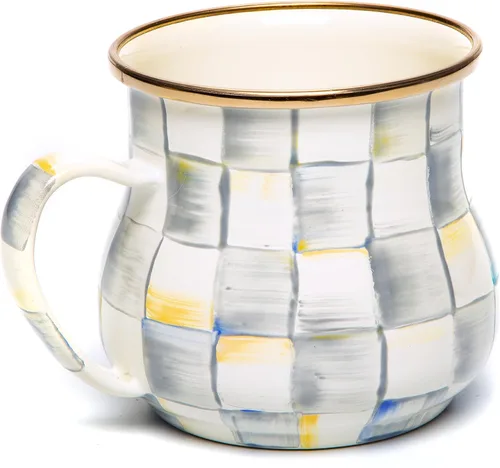 Miniatura 11 de MACKENZIE-CHILDS Taza de esmalte, linda taza de café y té de esmalte, vajilla única, 16 onzas, cuadro de corte negro y blanco, juego de 4