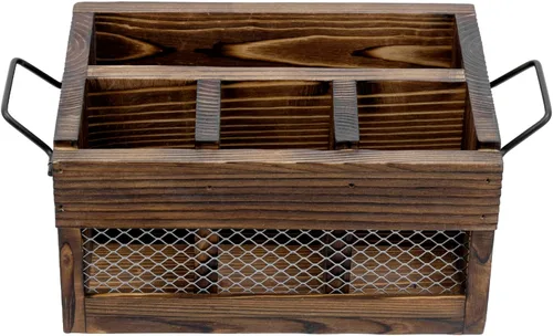 Miniatura 6 de MyGift Soporte para utensilios y servilletas de madera marrón rústico con asas de transporte de metal negro y panel frontal de alambre de pollo