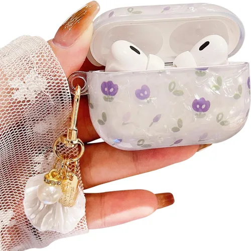 Linda funda Airpod Pro 2 con perla de concha y llavero floral de mármol, funda protectora dura de TPU para AirPods Pro de 2ª generación para mujeres