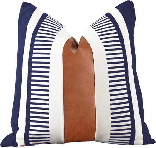 Miniatura 12 de Funda de almohada bohemia de color blanco y negro con piel, funda de cojín moderna de 22 x 22 pulgadas, funda de almohada de rayas estilo campestre