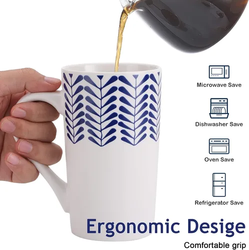 Miniatura 3 de YouPeng Juego de tazas de café grandes, tazas de cerámica con asa grande, taza de café alta para hombres o mujeres con patrón pintado a mano azul