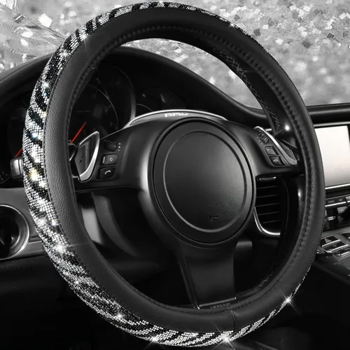 Miniatura 23 de CAR PASS - Funda de volante con diamantes brillantes de imitación y patrón de leopardo, con cristales de imitación brillantes para mujer