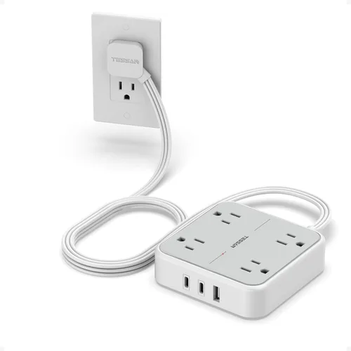 Miniatura 20 de TESSAN – Cable de extensión plano con protector de sobretensión de 10 pies, regleta de alimentación de enchufe plano con 4 salidas y 3 puertos USB