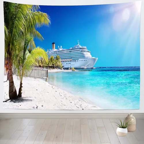 Miniatura 7 de Loccor Tapiz de crucero con diseño de palmera del mar caribeño, coral, playa, tapiz para colgar en la pared, isla tropical, sol, verano, vacaciones