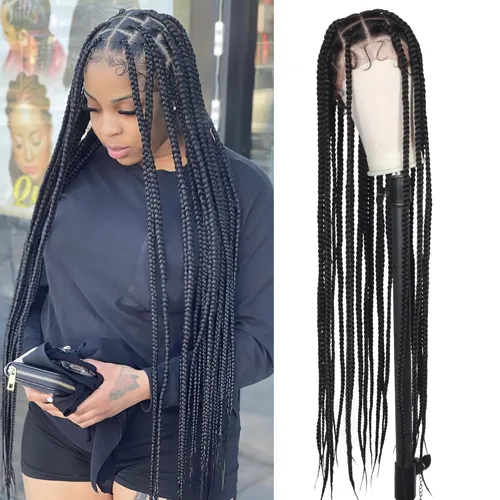 Miniatura 11 de Alebery Pelucas Trenzadas de Caja Bohemias Sin Nudos de Encaje Frontal HD 13X8 para Mujeres Negras Pelucas de Trenzas de Caja Bohemias con Rizos