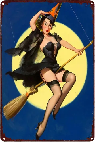 Letrero de metal vintage de Halloween, diseño de bruja de montar a caballo de alta sexy, placa retro para decoración de pared para veteranos, club,