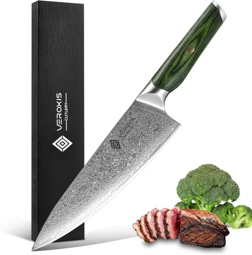 VEROXIS Cuchillo de Chef de Damasco de 8 Pulgadas, Cuchillos de Cocina Japoneses Profesionales Afilados de Acero Super de Alto Carbono con Mangos