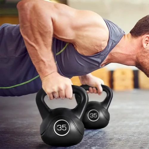 Miniatura 8 de Yaheetech Pesas rusas de 35 libras, para hombres y mujeres, gimnasio en casa, equipo de ejercicio y fitness con base plana ancha y agarre