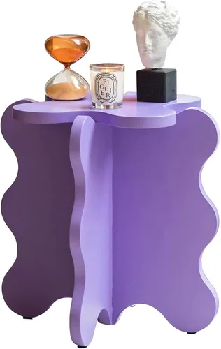 Miniatura 10 de HM&DX Mini mesa de centro de pétalos, mesa auxiliar de madera maciza con ondas de dibujos animados con patas en forma de X, mesas auxiliares de Azul