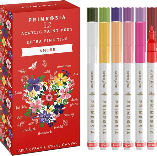 Primrosia Bolígrafos de pintura acrílica, juego de 12 marcadores de punta extrafina, multicolor permanente, pintura de secado rápido para papel,