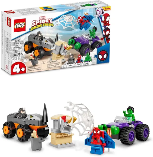 LEGO Marvel Hulk vs. Rhino Monster Truck Showdown, juguete para niños y niñas de 4 años en adelante con minifigura de Spider-Man, inspirado en la