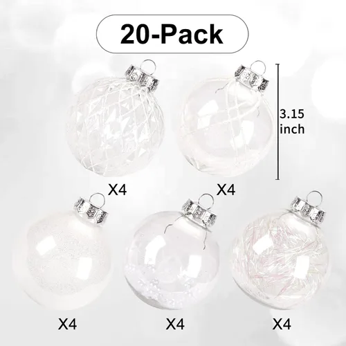 Miniatura 6 de Juego de adornos de bola de Navidad, 20 unidades, grandes, transparentes, inastillables, 3.150 in/3.15 pulgadas, adornos de Navidad blancos