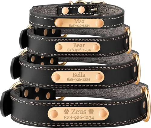 Collar personalizado para perro, cuero vegano negro suave grabado, tamaño pequeño, mediano o grande con placa de nombre (XS)