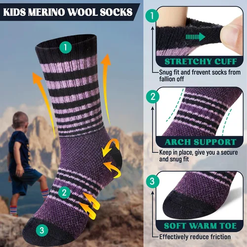 Miniatura 4 de DoSmart Calcetines de senderismo de lana merino para niños y niñas, térmicos, cálidos, gruesos, acogedores, acolchados, 6 pares