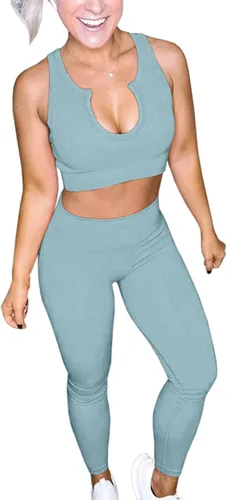 Miniatura 6 de QINSEN Conjuntos de entrenamiento para mujer, 2 piezas, acanalados, sin costuras, sin mangas, cintura alta, leggings de yoga