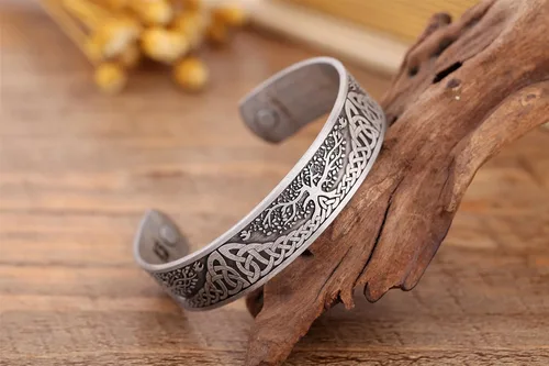 Miniatura 4 de Yggdrasil - Pulsera de acero inoxidable con diseño del árbol de la vida del mundo para el cuidado de la salud, para hombre (plata antigua), Zinc,