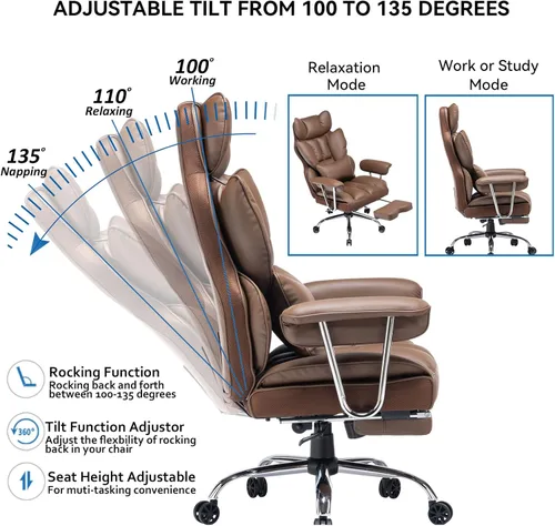 Miniatura 6 de Efomao Silla de oficina ejecutiva para personas pesadas, silla de respaldo alto con reposapiés, silla de oficina de piel sintética ajustable en Café