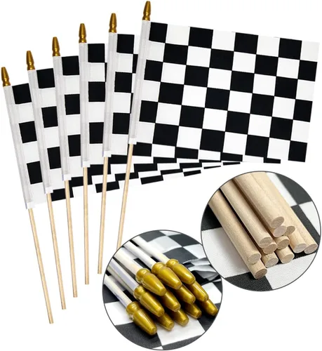 Miniatura 8 de 2 banderas a cuadros de 8 x 12 pulgadas, banderas de carreras en blanco y negro en palo, bandera de mano de Fórmula Uno F1 Racing con parte superior
