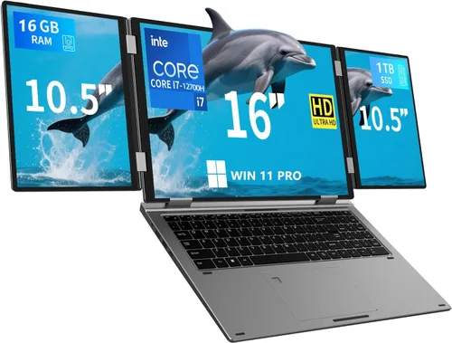 KOOFORWAY Portátil de triple pantalla, principal de 16 pulgadas + monitores duales de 10.5 pulgadas, Core i7-12700H, 32 GB de RAM, SSD de 2 TB, Win