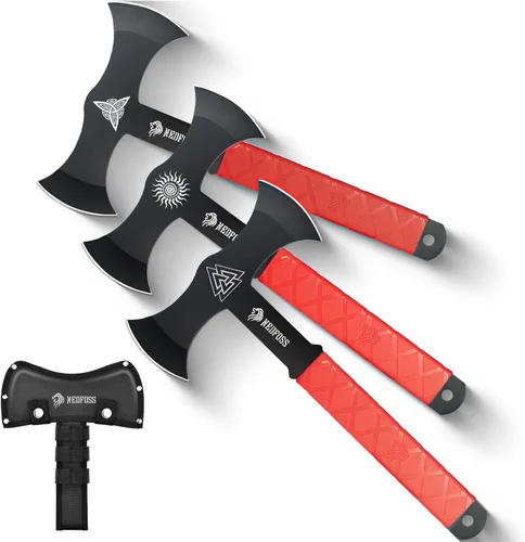 NedFoss Hachas Arrojadizas y Tomahawks con Mango de Goma TPR Innovador, Juego de Hacha Arrojadiza de Espiga Completa de Doble Filo de 11.9" (30.2