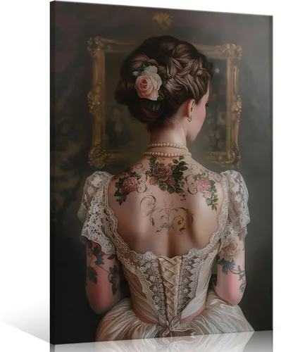 Miniatura 14 de Pintura retro de chica con estilo vintage en lienzo con estampado de rosas, póster estético antiguo, chica victoriana de estilo moody, arte de pared