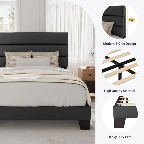 Miniatura 6 de Allewie Base de cama de plataforma de tamaño individual con cabecera tapizada de tela y soporte de listones de madera, base de colchón totalmente