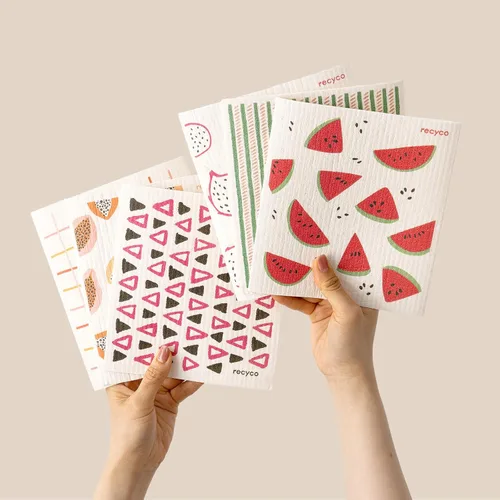 Miniatura 18 de RECYCO Paños suecos para cocina Paquete de 5 trapos geométricos lavables Toallas de papel de limpieza reutilizables de celulosa Paño