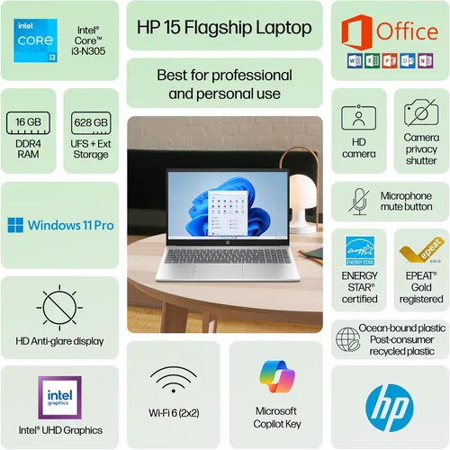 Miniatura 3 de Portátil HP 2025 Flagship Business Ultra Slim, Office de por vida, alimentado por IA, HD de 15.6", Intel i3 de 8 núcleos, 16 GB de RAM, 628 GB