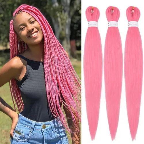 Miniatura 9 de IXIMII 3 paquetes de cabello trenzado rosa preestirado de 20 pulgadas, trenzas de ganchillo lacio, textura Yaki suave, ajuste de agua caliente