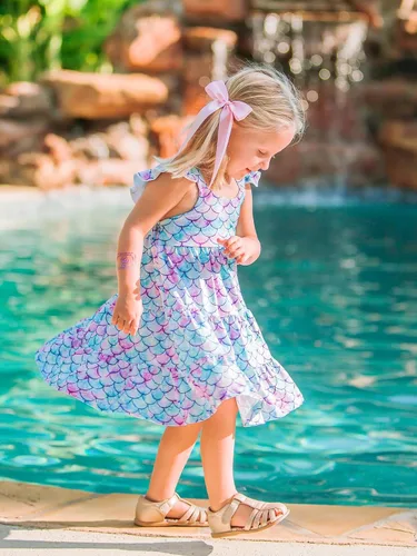Miniatura 5 de Vieille Vestido de verano para niñas pequeñas, con volantes, sin mangas, casual, vestido de playa, escalonado, vestido de princesa para 2-8 años