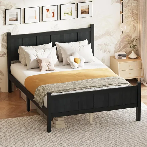 Miniatura 17 de Bellemave Cama de panel plano de tamaño individual con cabecero y estribo, cama de plataforma minimalista y moderna con acabado de grano de madera