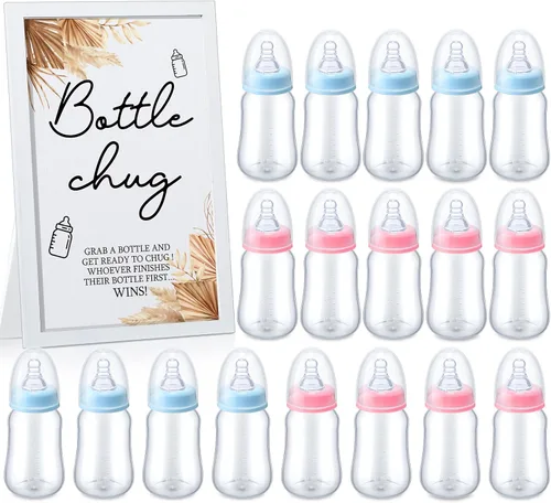 Roowest Bottle Chug Baby Shower Games Favores que incluyen 18 botellas con 1 botella de chug de madera para revelación de género y suministros de